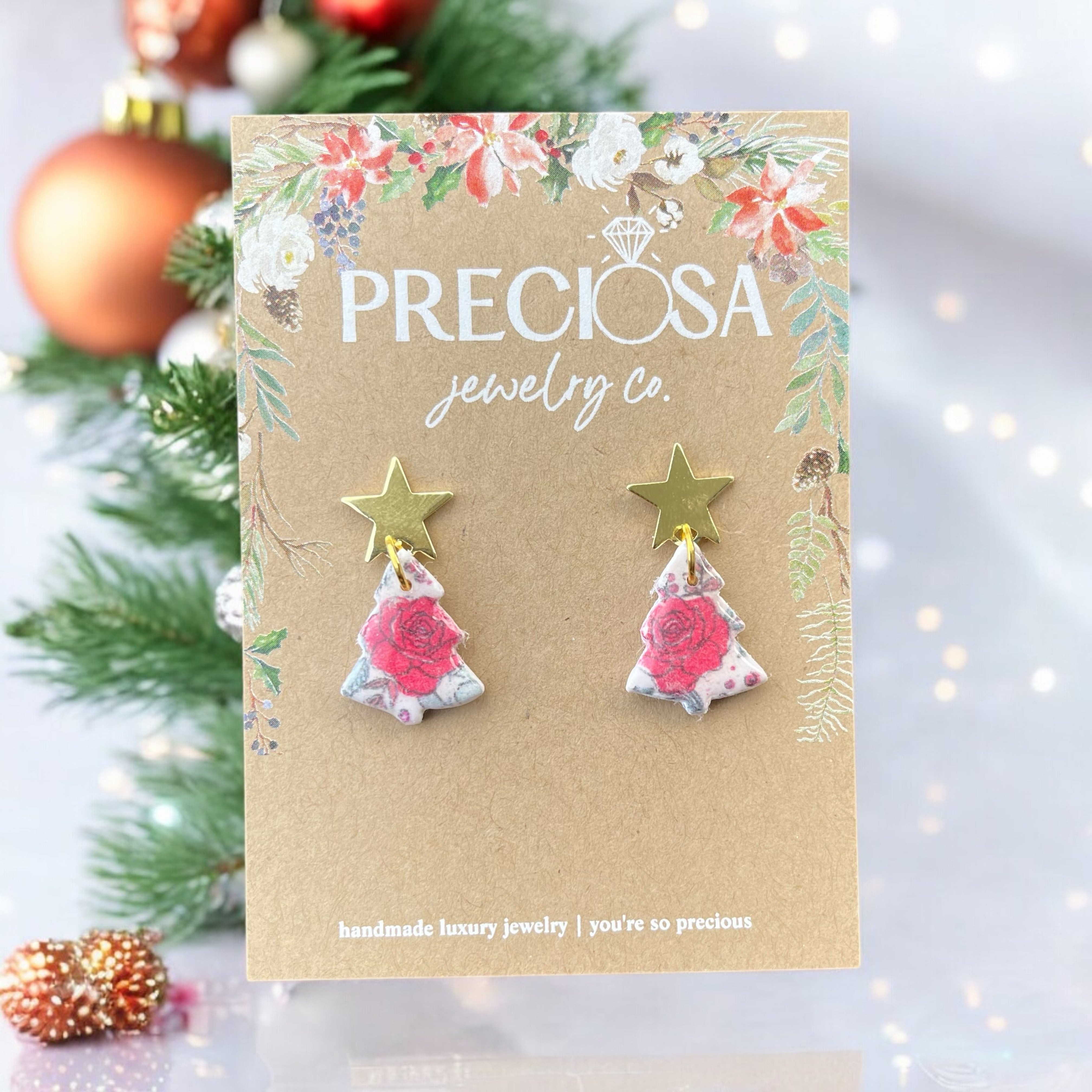 Rose & Pine Christmas Clay Earrings